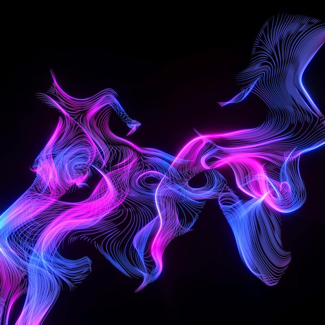 Abstract digital art featuring flowing lines of blue and pink light against a black background, resembling a modern light painting.