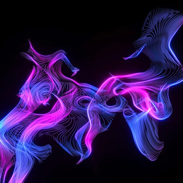 Abstract digital art featuring flowing lines of blue and pink light against a black background, resembling a modern light painting.