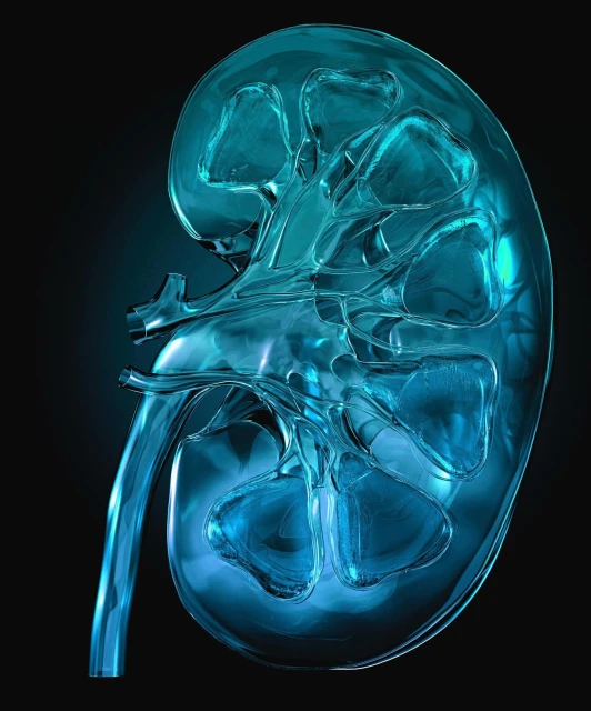 Digitally rendered image of a translucent teal human kidney, showcasing its detailed internal structure against a dark background.