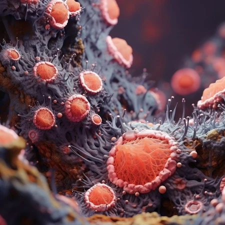 Microscopic view of cells with orange centers and gray outer layers connected by thin lines, showcasing cellular structure and detail.