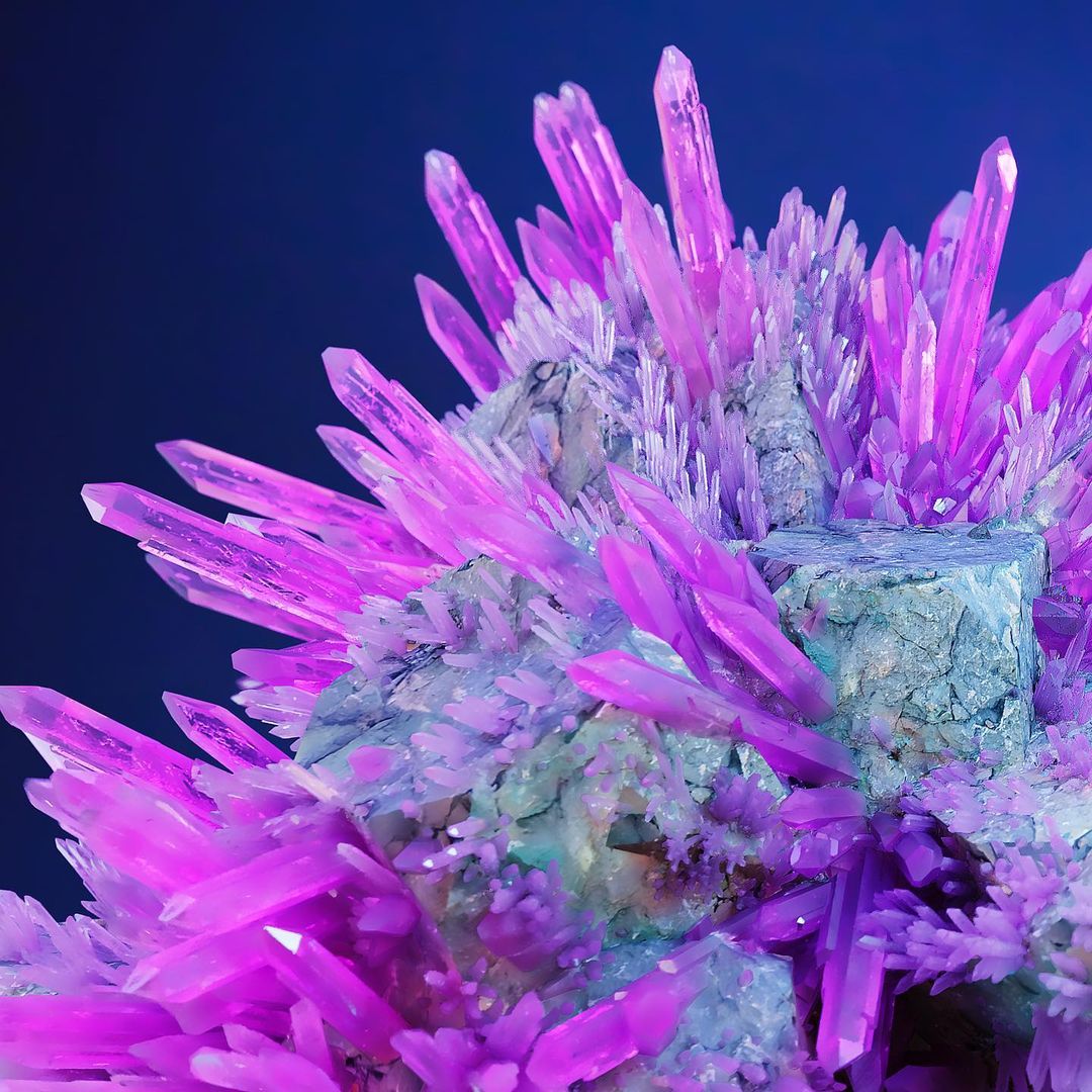Macro photograph of a cluster of vibrant pink and purple crystal formations against a dark blue background, showcasing sharp, geometric textures.