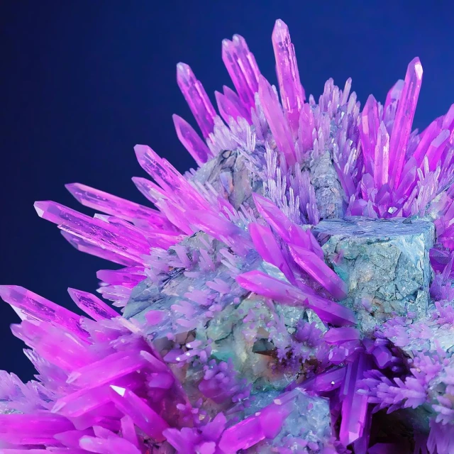 Macro photograph of a cluster of vibrant pink and purple crystal formations against a dark blue background, showcasing sharp, geometric textures.