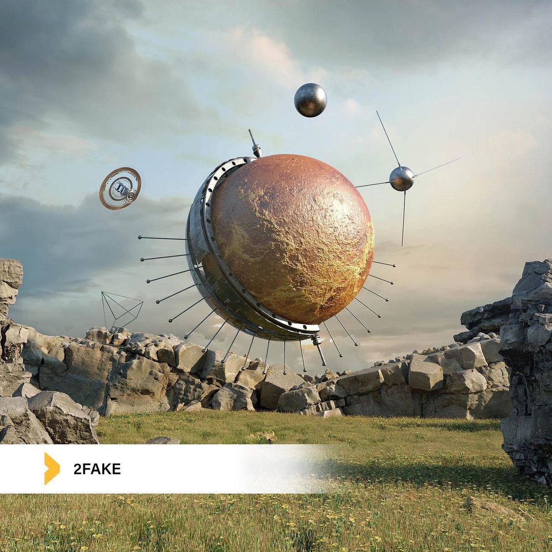 Surreal 3D render features a planet-like sphere with metal details in a grassy, rocky landscape under a cloudy sky, evoking science fiction.