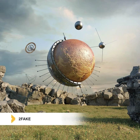 Surreal 3D render features a planet-like sphere with metal details in a grassy, rocky landscape under a cloudy sky, evoking science fiction.