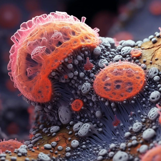 Close-up, computer-generated image with a coral and gray organic, cellular-like structure, with a high level of detail and texture.
