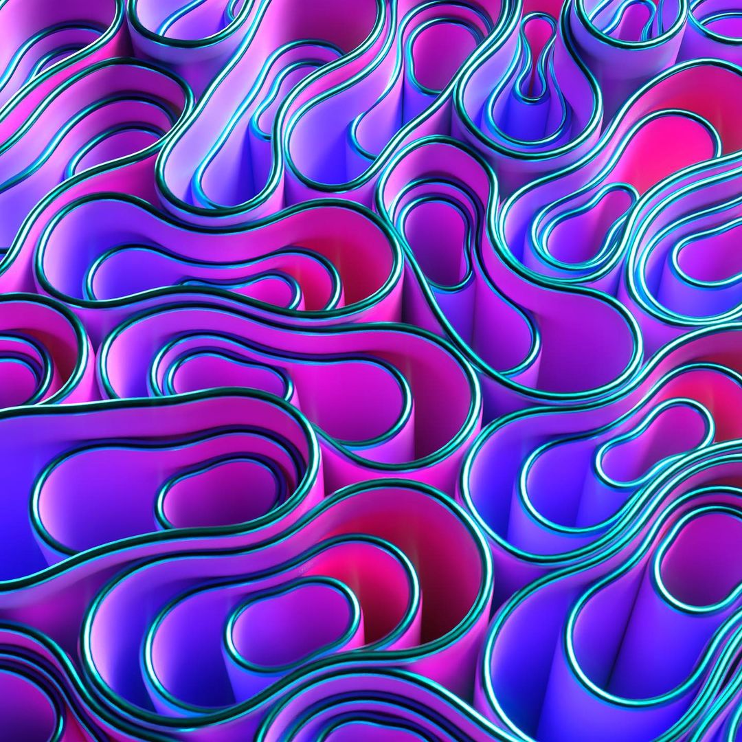 Abstract CGI background with layered, wavy shapes in gradients of blue, purple, and pink. Shiny blue trim on edges of shapes.