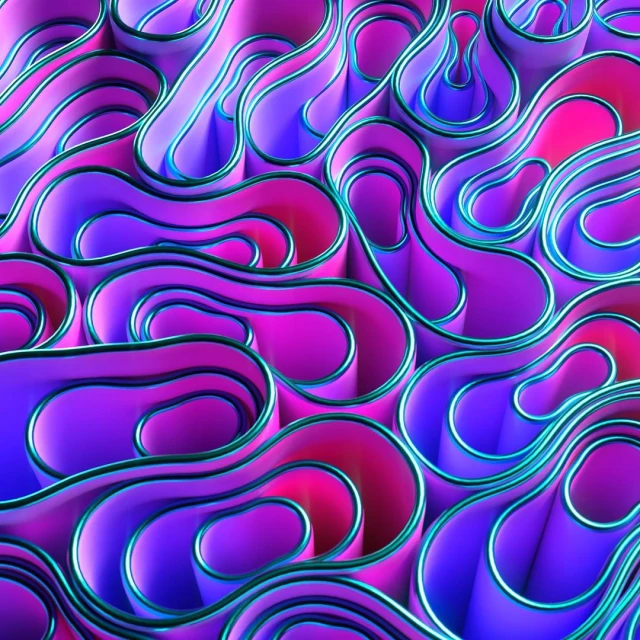 Abstract CGI background with layered, wavy shapes in gradients of blue, purple, and pink. Shiny blue trim on edges of shapes.