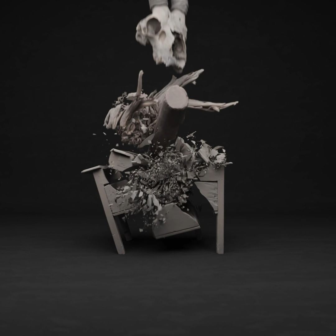 Grey still life render: animal skull falling onto a table, smashing objects into fragments on a dark background, creating a surreal scene.