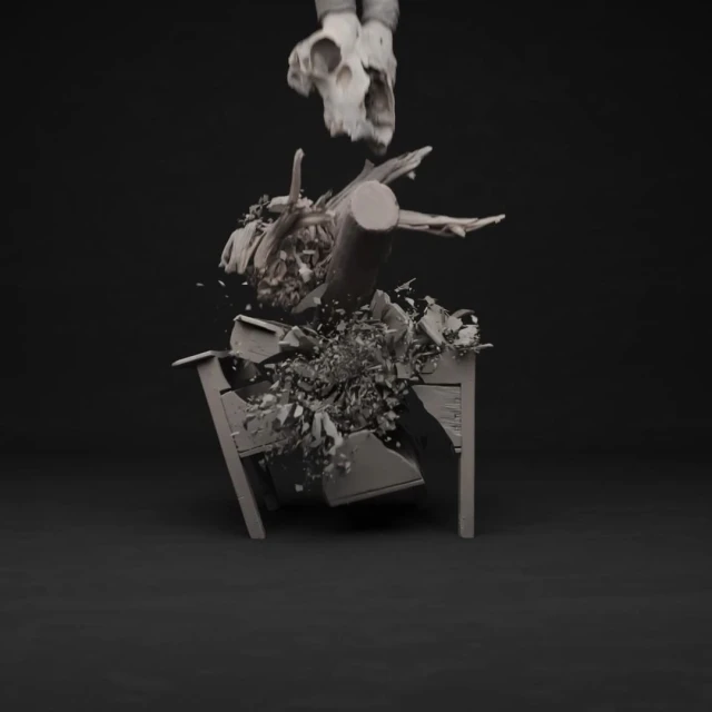 Grey still life render: animal skull falling onto a table, smashing objects into fragments on a dark background, creating a surreal scene.