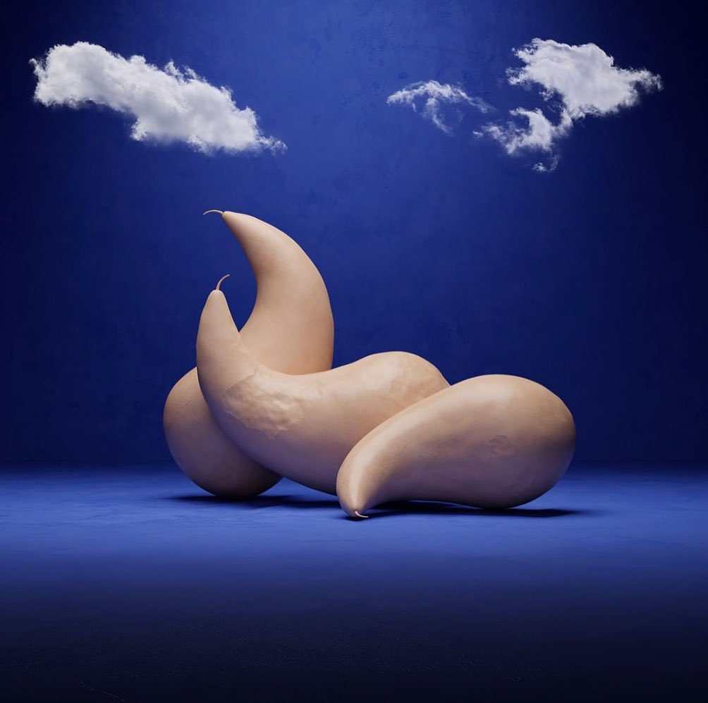 Abstract surreal still life on blue backdrop featuring smooth gourd-like forms and fluffy clouds, evoking a sense of playful art.