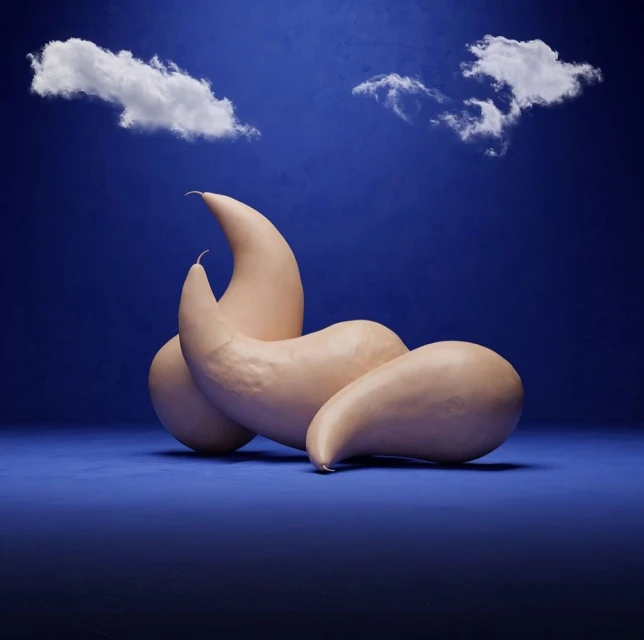 Abstract surreal still life on blue backdrop featuring smooth gourd-like forms and fluffy clouds, evoking a sense of playful art.