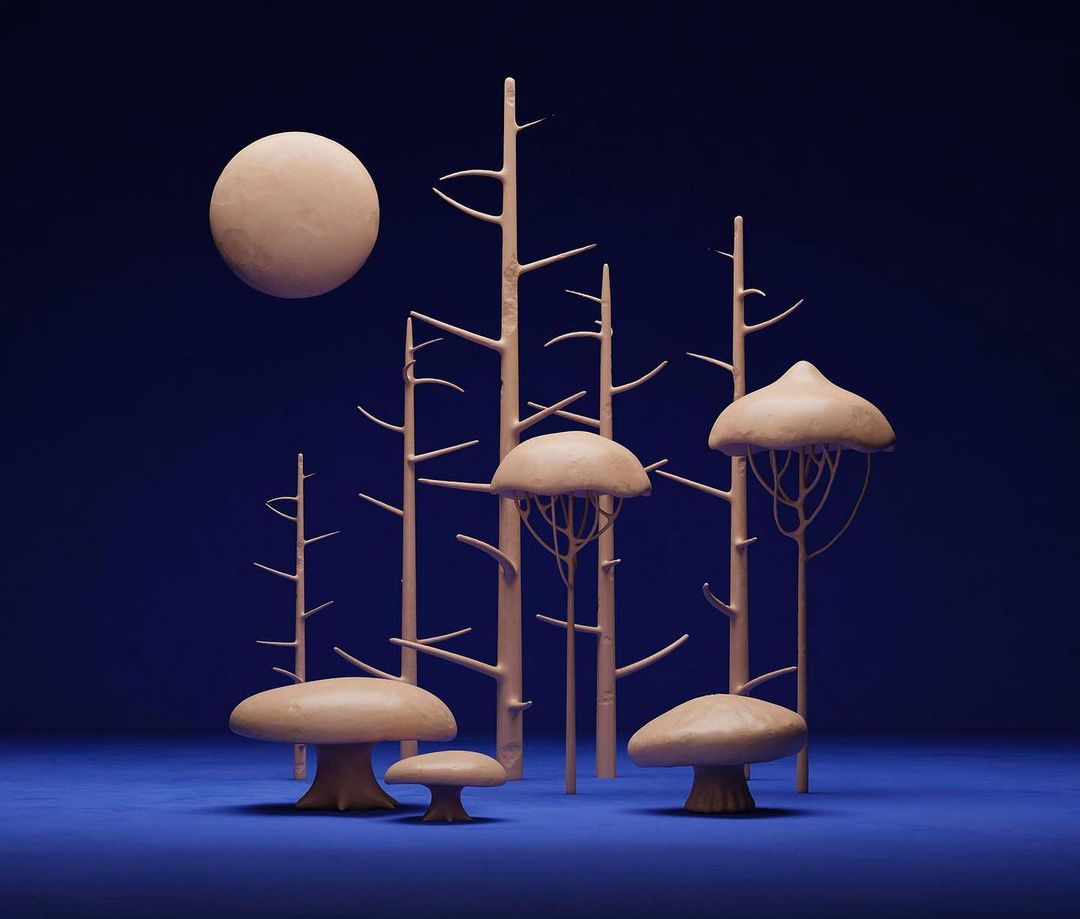Whimsical digital art: a moon hangs in the sky behind surreal mushrooms with umbrella-like tops amidst bare trees against a dark blue backdrop.