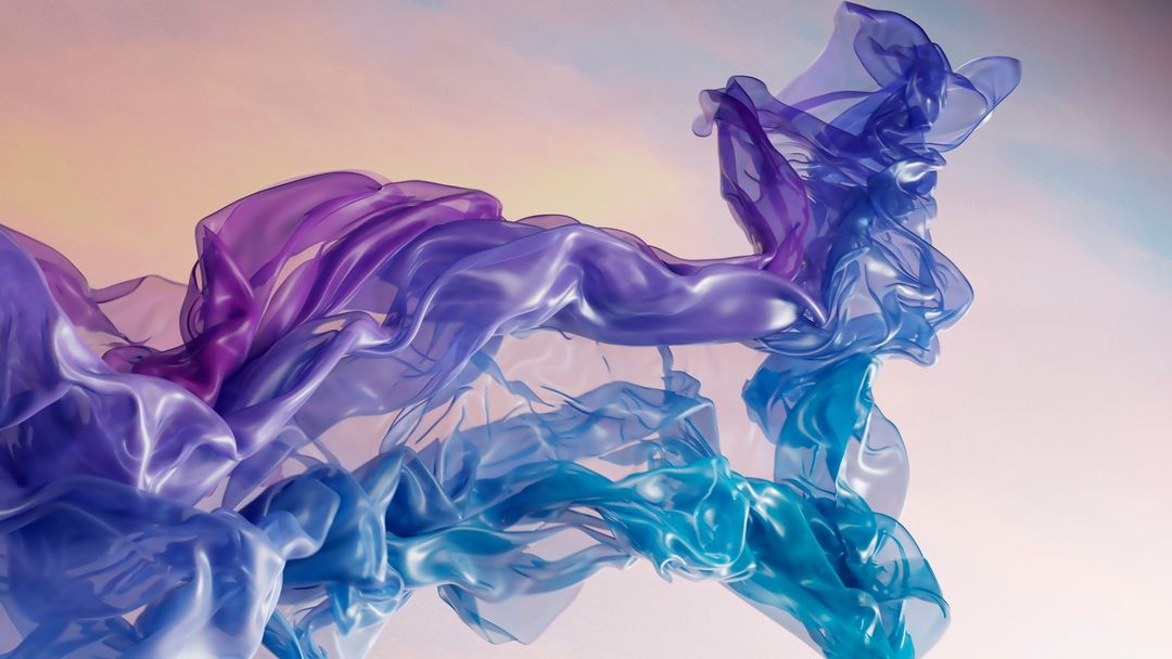 Abstract flowing fabric in shades of blue and purple against a soft pastel background. Ethereal fabric art with smooth textures.