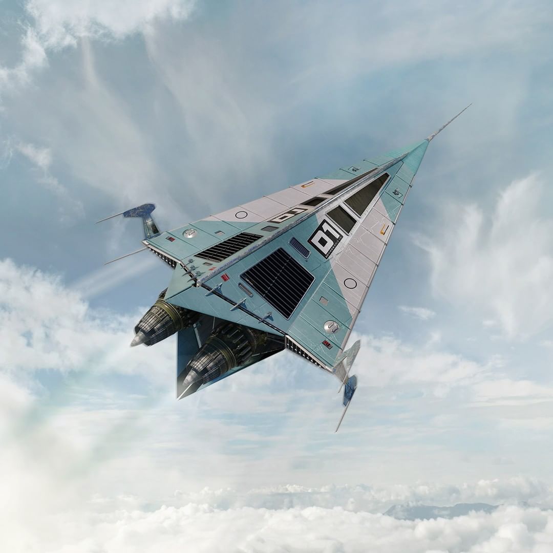 Futuristic aircraft flies against a cloudy sky. Metallic finish, twin turbines, and geometric design highlight the vehicle's aesthetic.