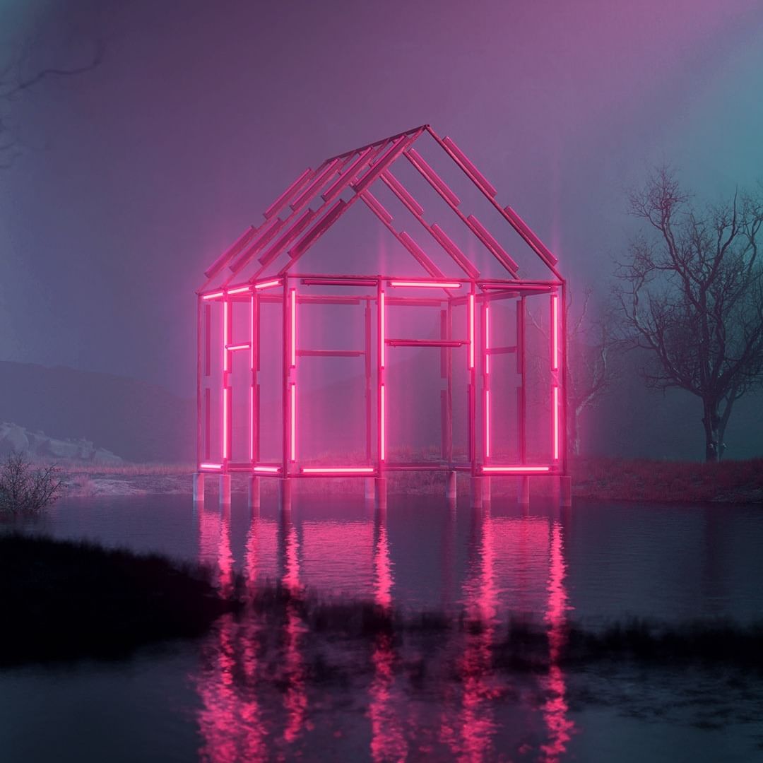 Neon-lit house frame reflected in dark water surrounded by bare trees and fog creates a surreal and artistic image.