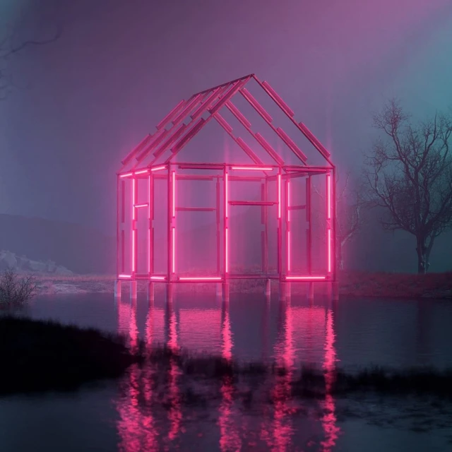 Neon-lit house frame reflected in dark water surrounded by bare trees and fog creates a surreal and artistic image.