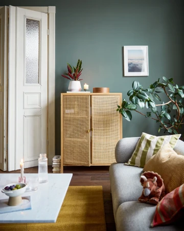 Living room interior with rattan cabinet, gray sofa with cushions, coffee table, potted plant, framed art, and teal wall.