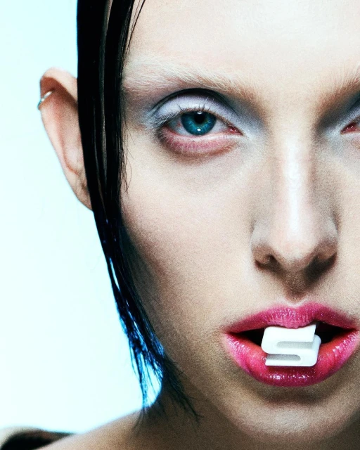 Close-up of a young adult woman with wet hair and bright pink lips. She is holding a white letter 'S' between her lips.