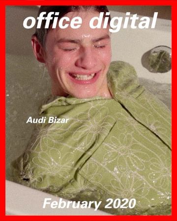A young adult smiling in a bathtub, partially submerged, wearing a green floral shirt; red frame around photo with text overlays.