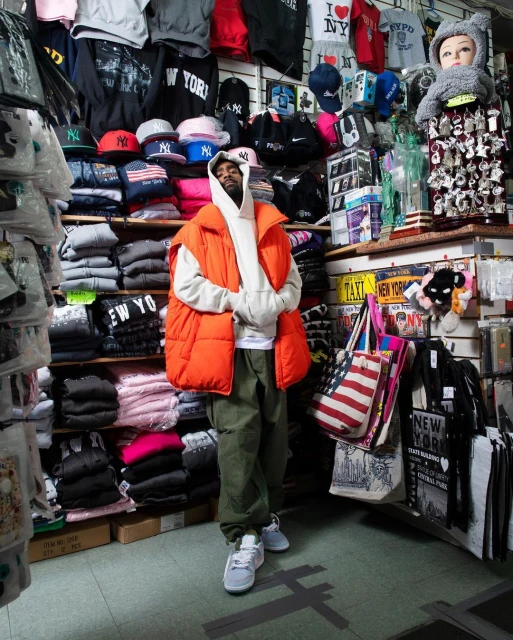 Man poses in orange puffer vest, hoodie, and sneakers in a store full of souvenirs and apparel, capturing a candid urban moment.