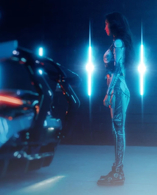 Side view of an adult female with long hair wearing a futuristic catsuit next to a sleek, modern black sportscar with blue lighting.