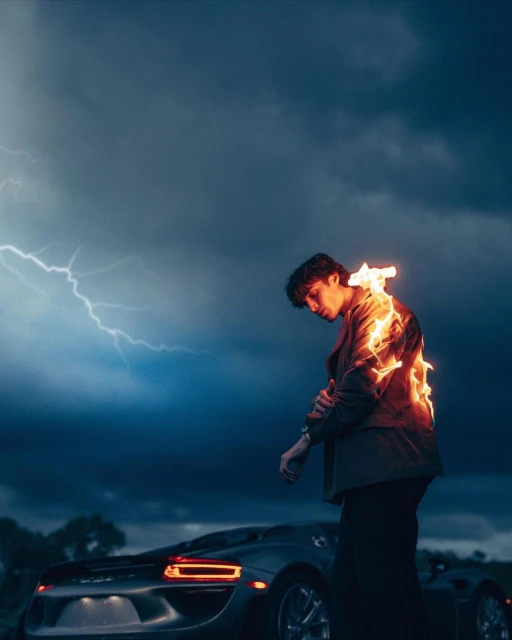 Artistic portrait of a male model in jacket with fire effect, standing in front of a silver sports car and stormy sky at night.