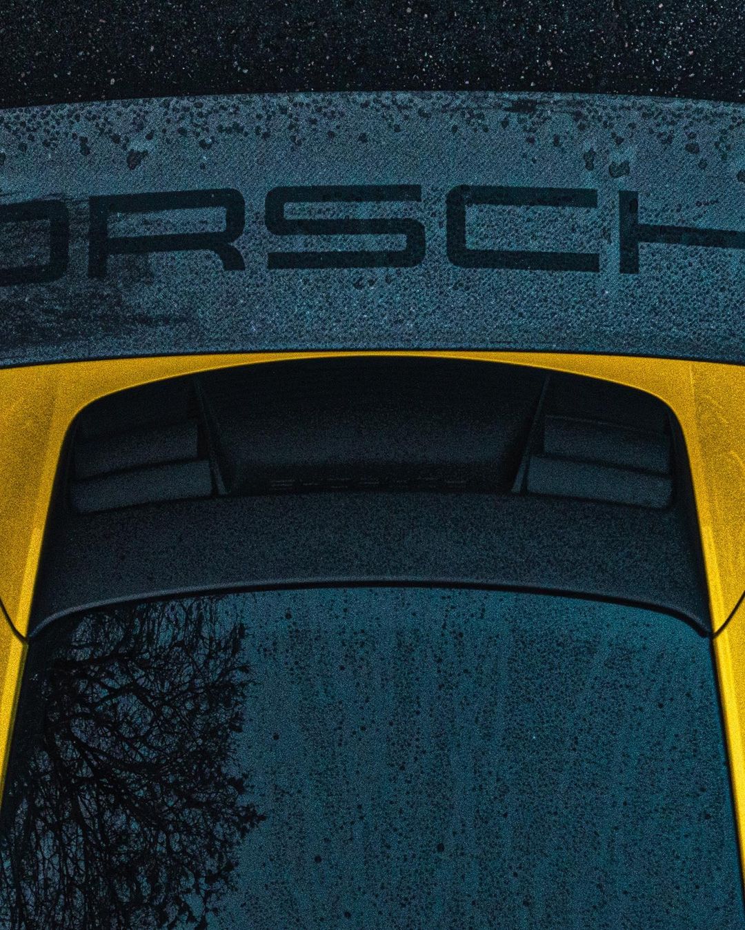 Overhead close-up of the wet back of a yellow Porsche car, showcasing black lettering and a tree reflection in the windshield.