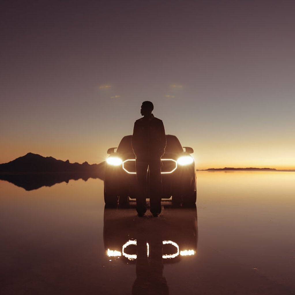 A man standing in front of a car on a flat, reflective surface, possibly water, with a colorful sunset and mountains in the background.