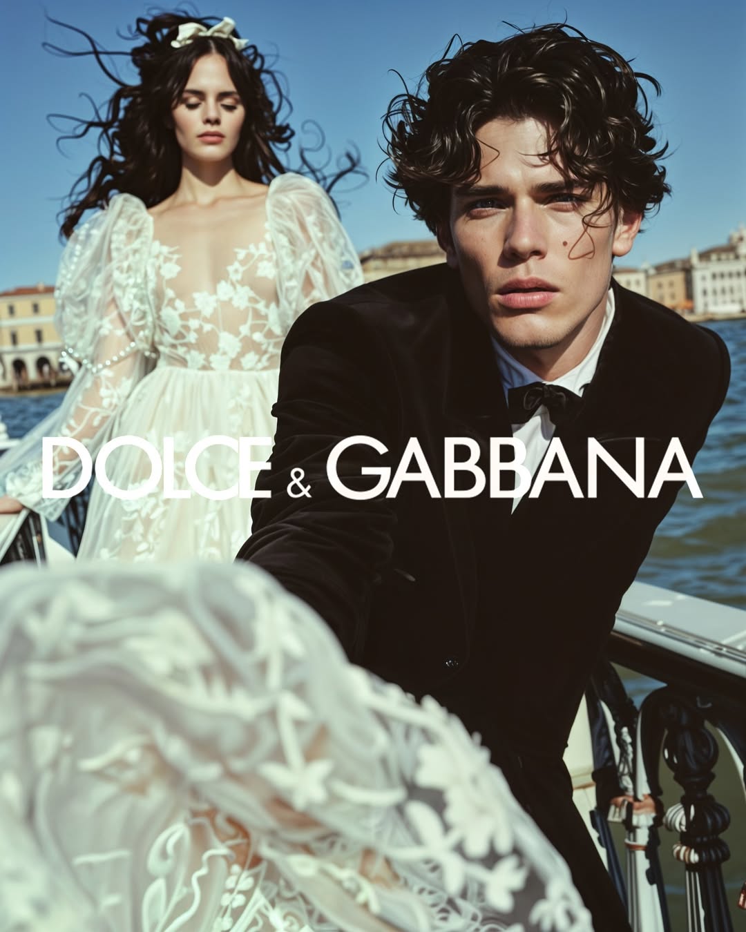Dolce & Gabbana advertisement with a man in a black suit and woman in a white wedding dress in a boat, Venice in the background.