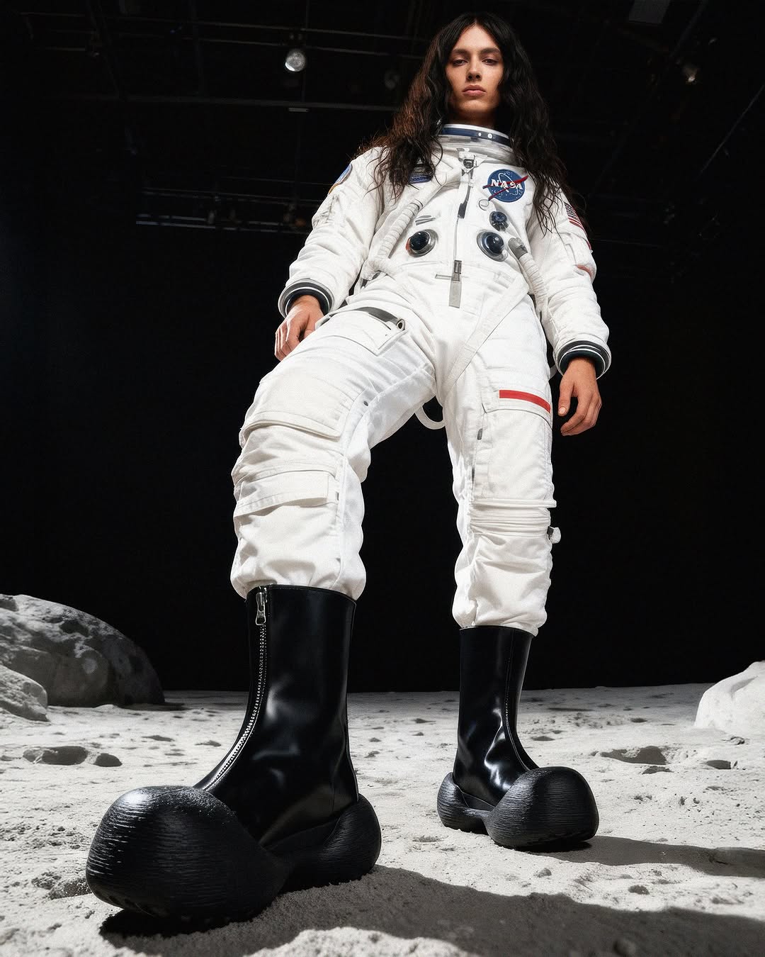Female model in a white astronaut suit with black boots posing on a moon-like surface in a studio setting with black background.