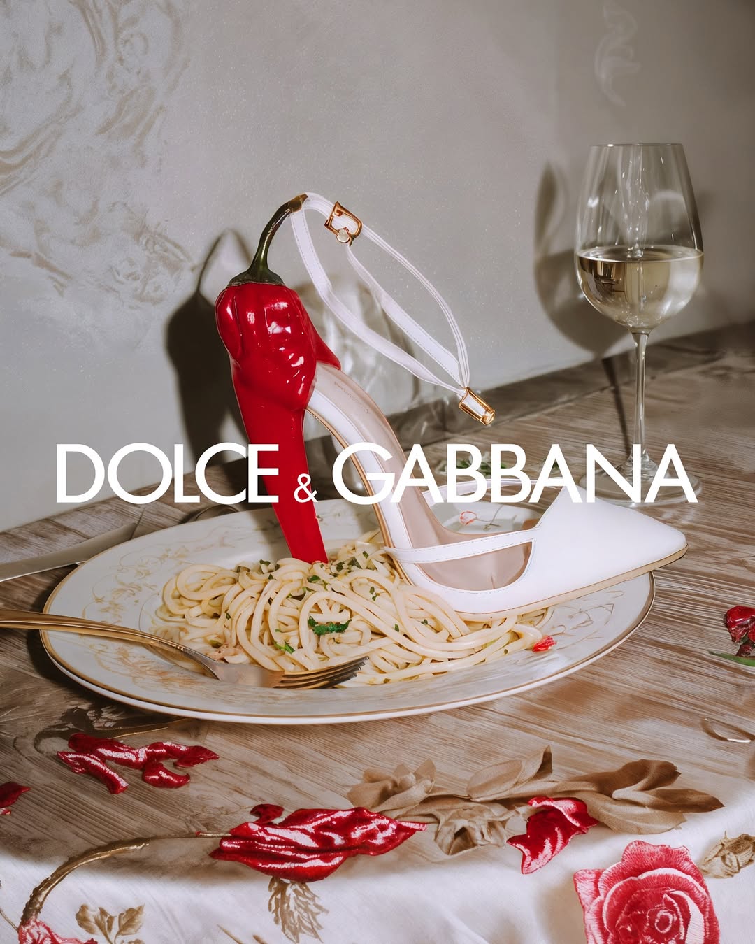 Still life fashion advertisement featuring a stiletto heel shoe, spaghetti on a plate, chili pepper, and a glass of wine.