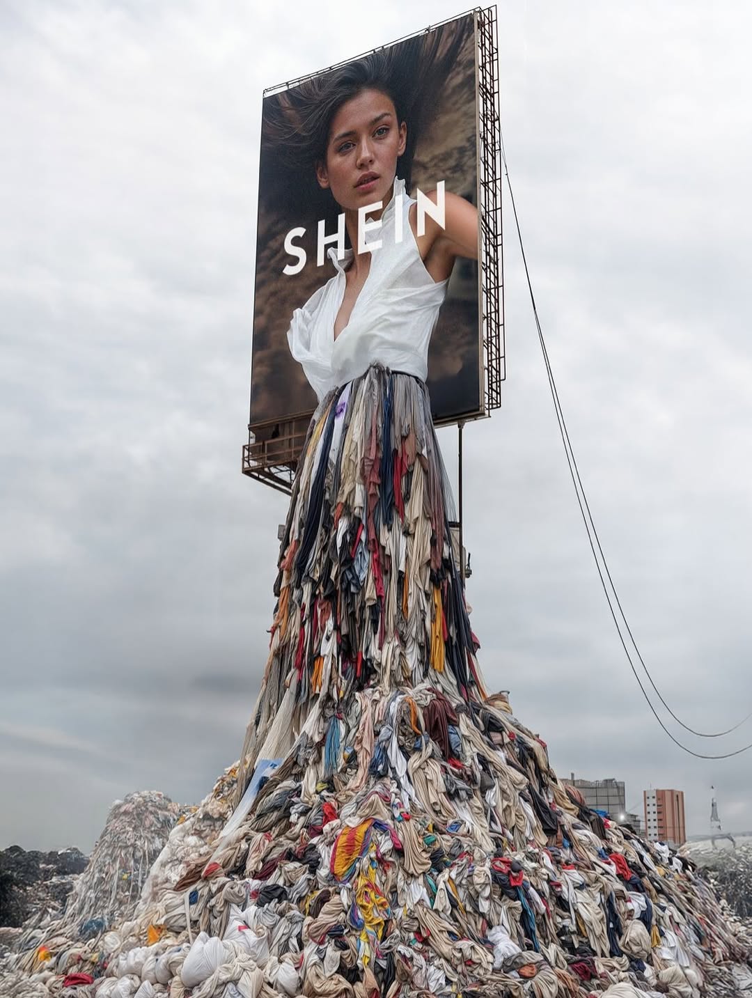 Fashion billboard with a woman wearing a garment made of discarded clothes on a landfill, promoting sustainability and ethical consumerism.