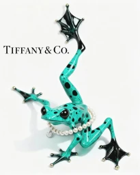Turquoise frog sculpture with black spots wearing a pearl necklace against a plain white background with Tiffany and Co text
