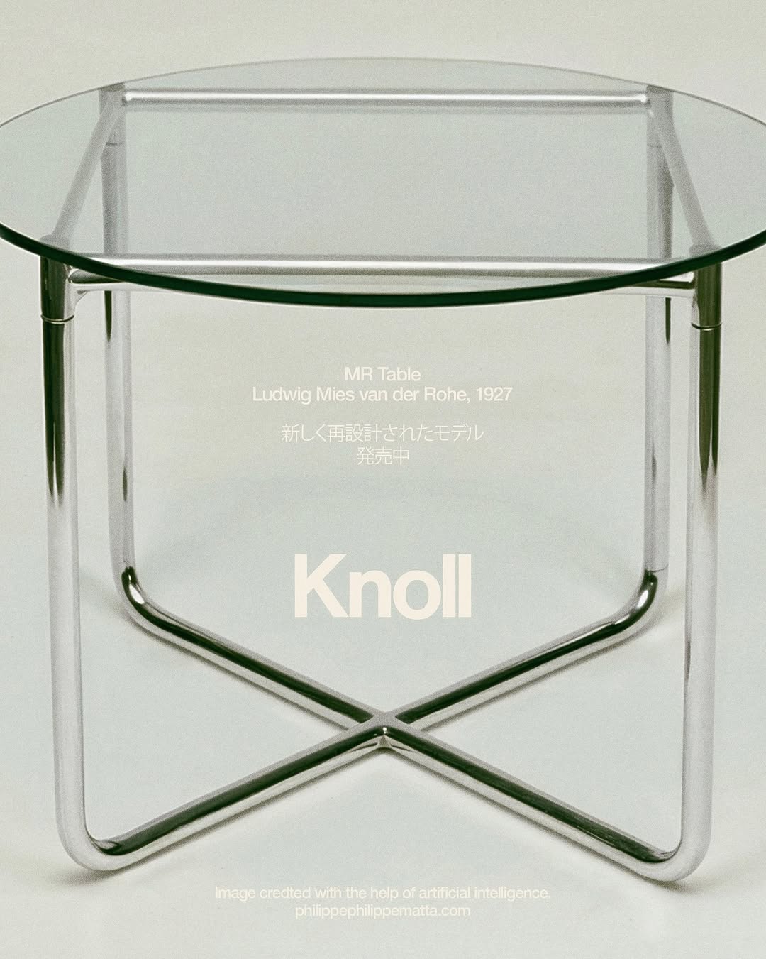 Clear glass-top table with a chrome base featuring 'Knoll' branding, showcasing modern furniture design and interior decor.