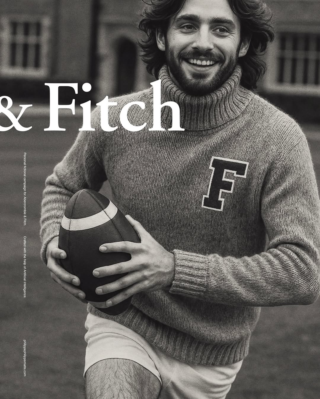 Portrait of a smiling man with long hair holding a football wearing a gray turtleneck sweater with an 'F' on it outdoors.