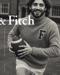 Smiling man wearing a grey turtleneck sweater with a letter F patch holding a football outdoors in a black and white portrait.