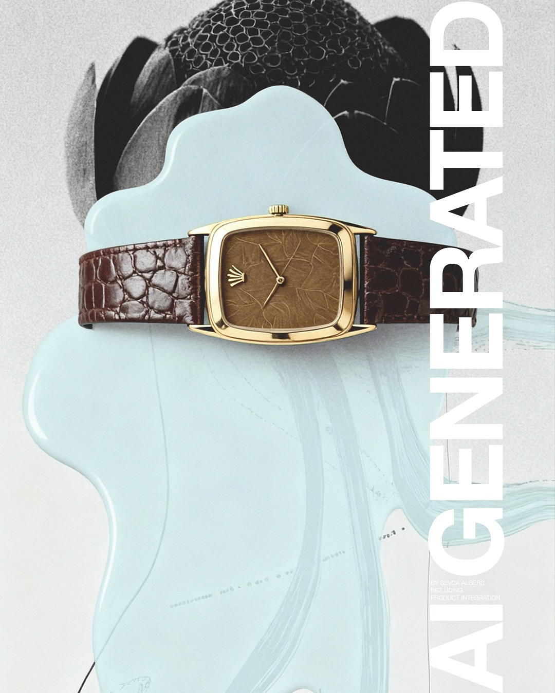 Luxury gold Rolex watch with a brown alligator strap, positioned above a light-blue curved platform, complemented by a black-and-white floral design.