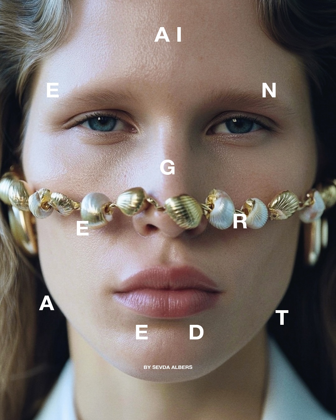 Close-up of a fair-skinned young woman with blue eyes wearing shell jewelry covering her nose and mouth, shot in a photo studio.