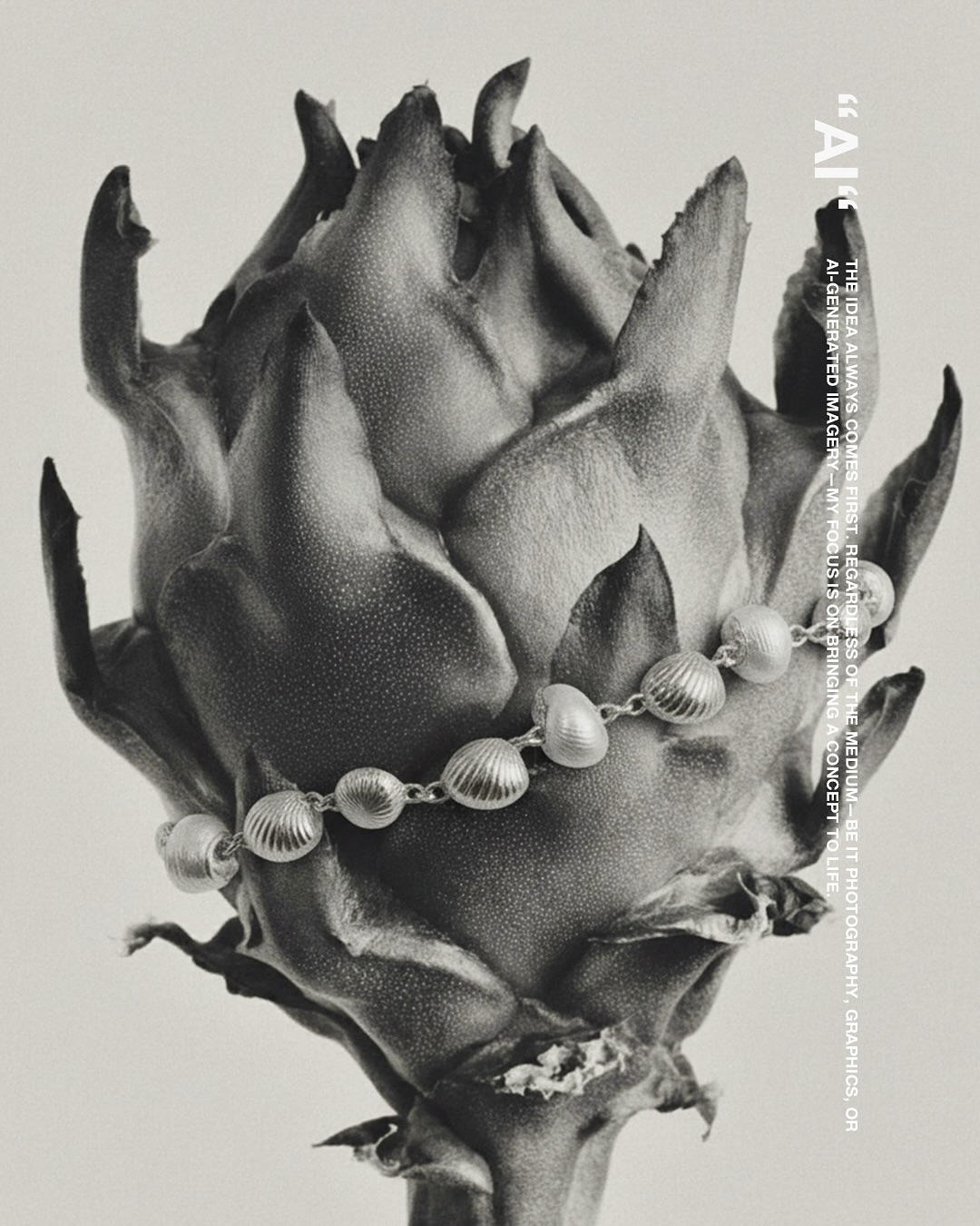 Black and white image of an artichoke flower head adorned with a silver bead bracelet. The composition is tightly framed and minimalist.