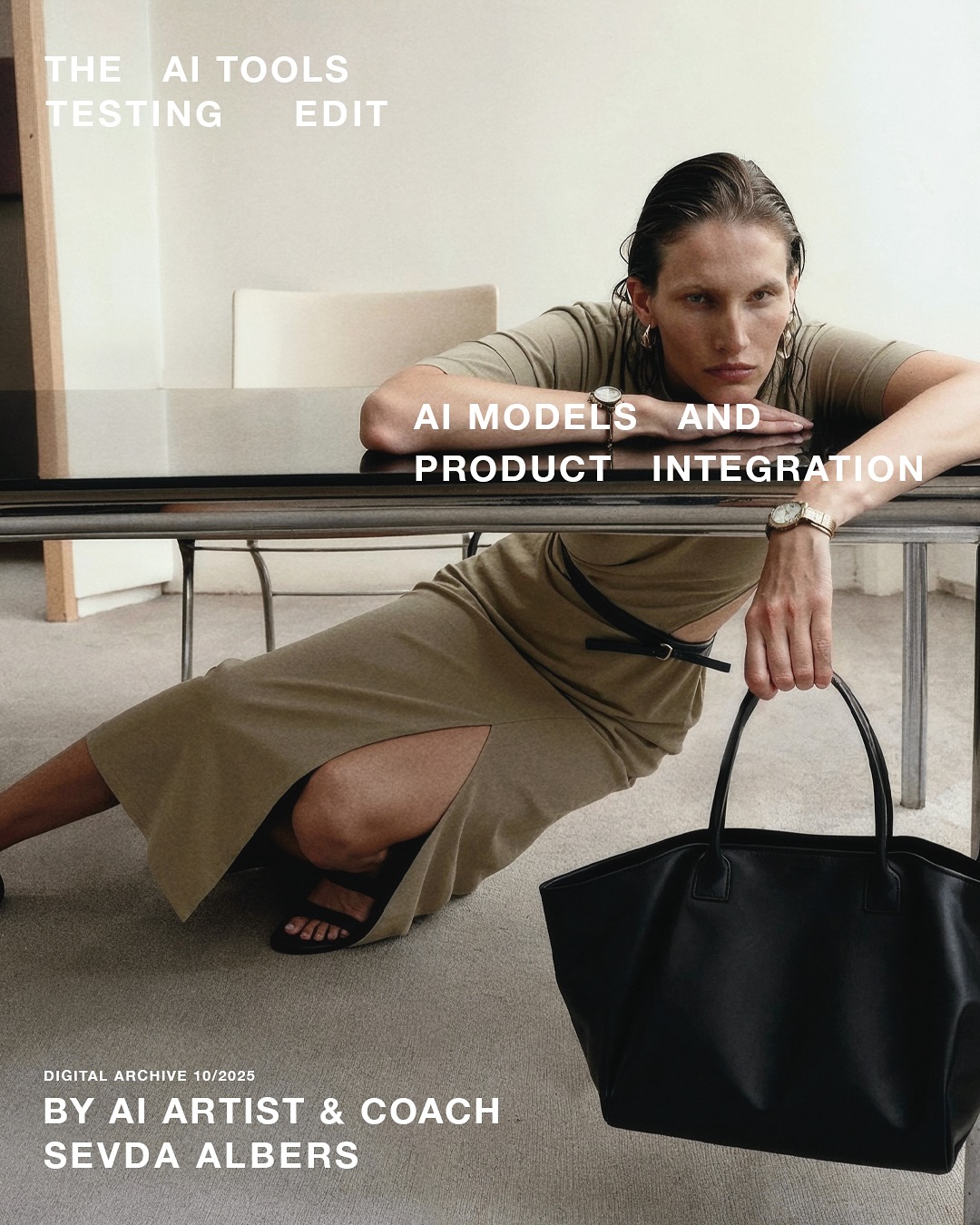 Adult female model poses near a black table wearing a beige dress and sandals, holding a black purse in an indoor setting.