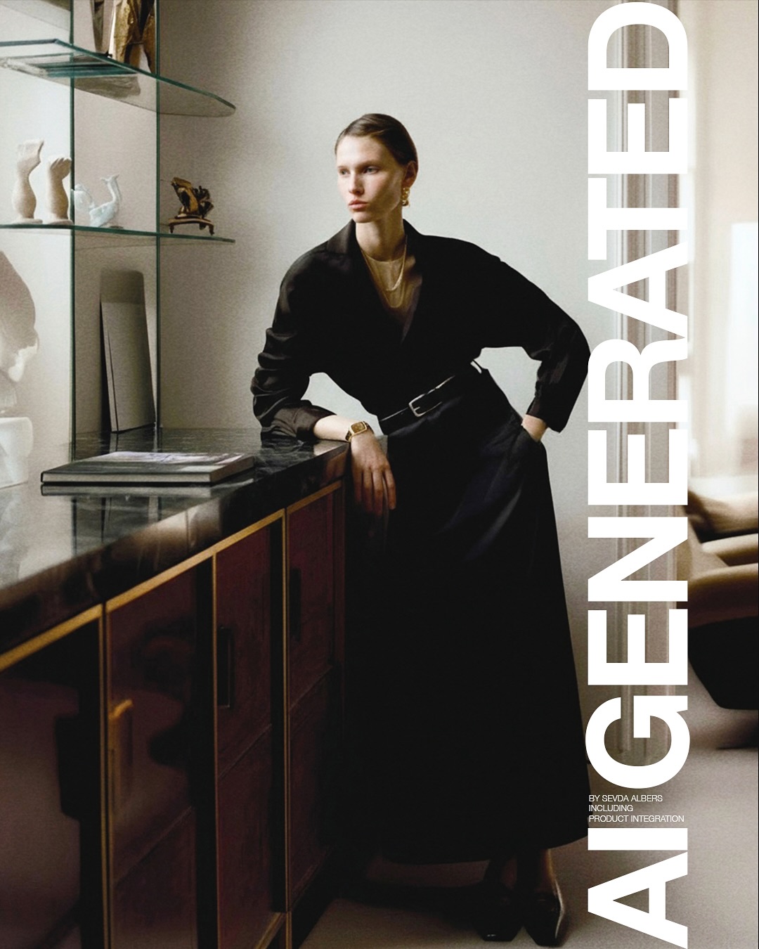 Woman in dark long-sleeve blouse and skirt leaning against a sleek sideboard in an interior by Sevda Albers