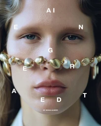 Close-up portrait of a woman wearing a gold seashell necklace across her nose bridge, by AI artist Sevda Albers