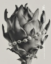 Close-up monochrome image of a dragon fruit wrapped with a textured silver bracelet against a light grey background.