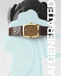 Gold watch with brown leather strap resting on a light blue sculptural form against a patterned background