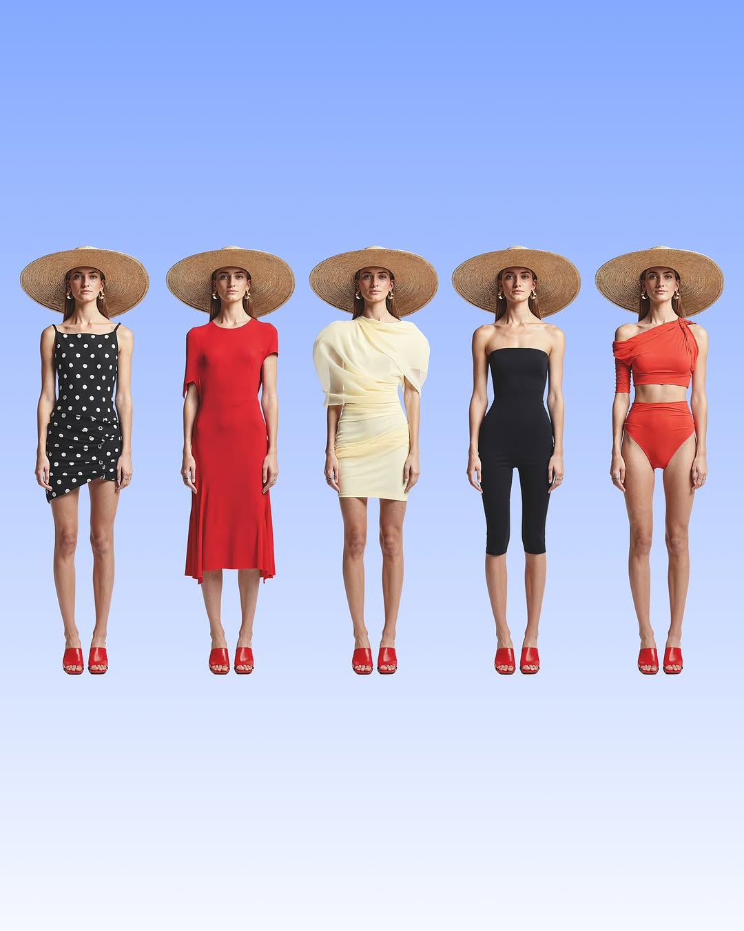 Five women stand in a row wearing summer dresses, straw hats, and red platform shoes against a soft blue gradient background.