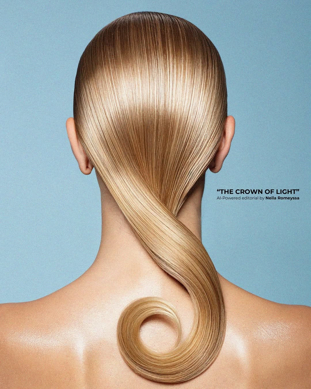 Blonde hair styled with a curl, seen from the back of an adult female on a light blue background in a studio shot.