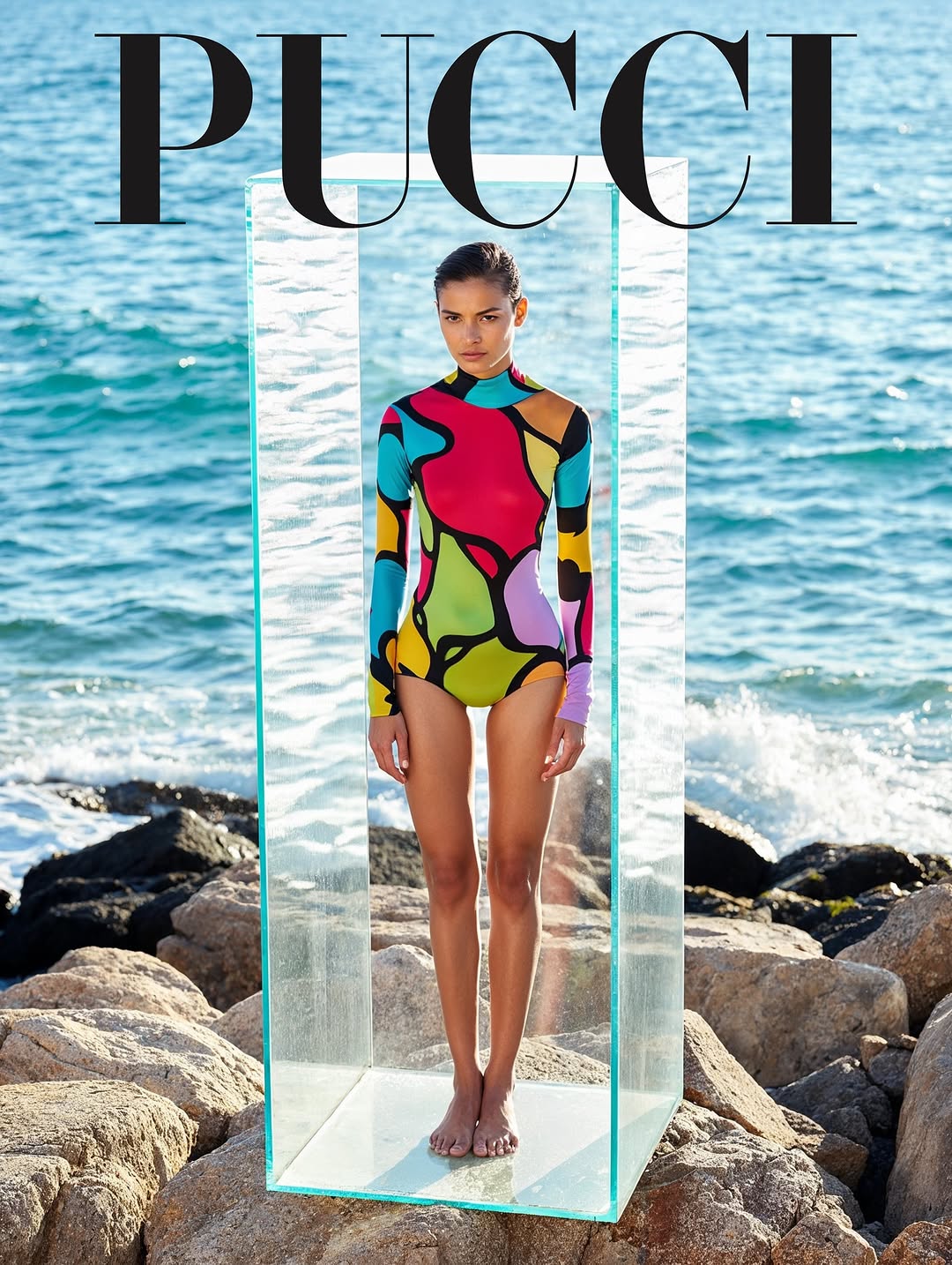 Fashion shot of a woman in a brightly colored long-sleeved swimsuit standing inside a transparent box on a rocky beach near the ocean.