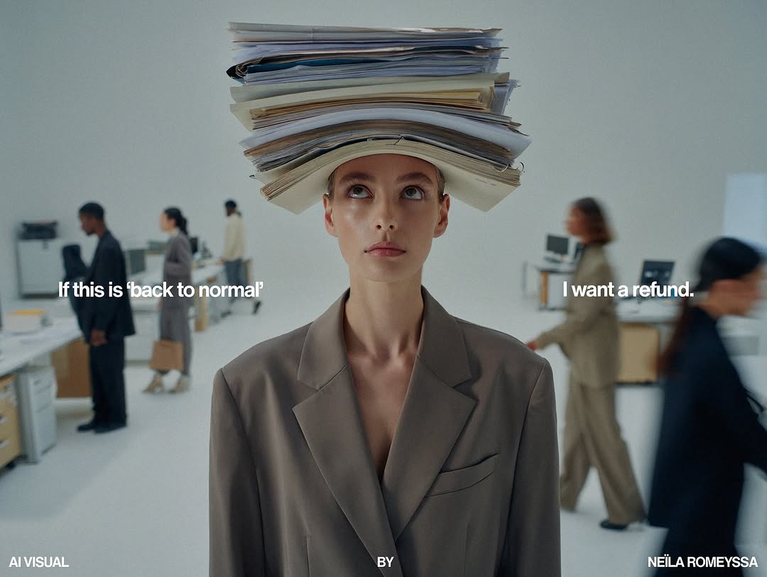 A woman in a blazer balances a stack of paper on her head in a bright office with other people in the background.