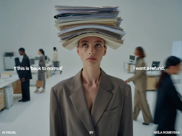 A woman in a blazer balances a stack of paper on her head in a bright office with other people in the background.