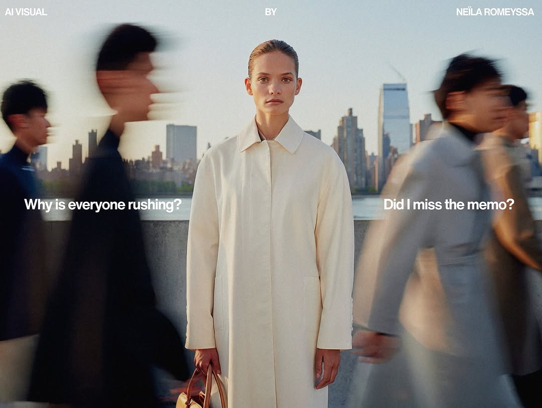 Woman in a white trench coat stands on a rooftop with blurred pedestrians and the NYC skyline in the background during daylight hours.